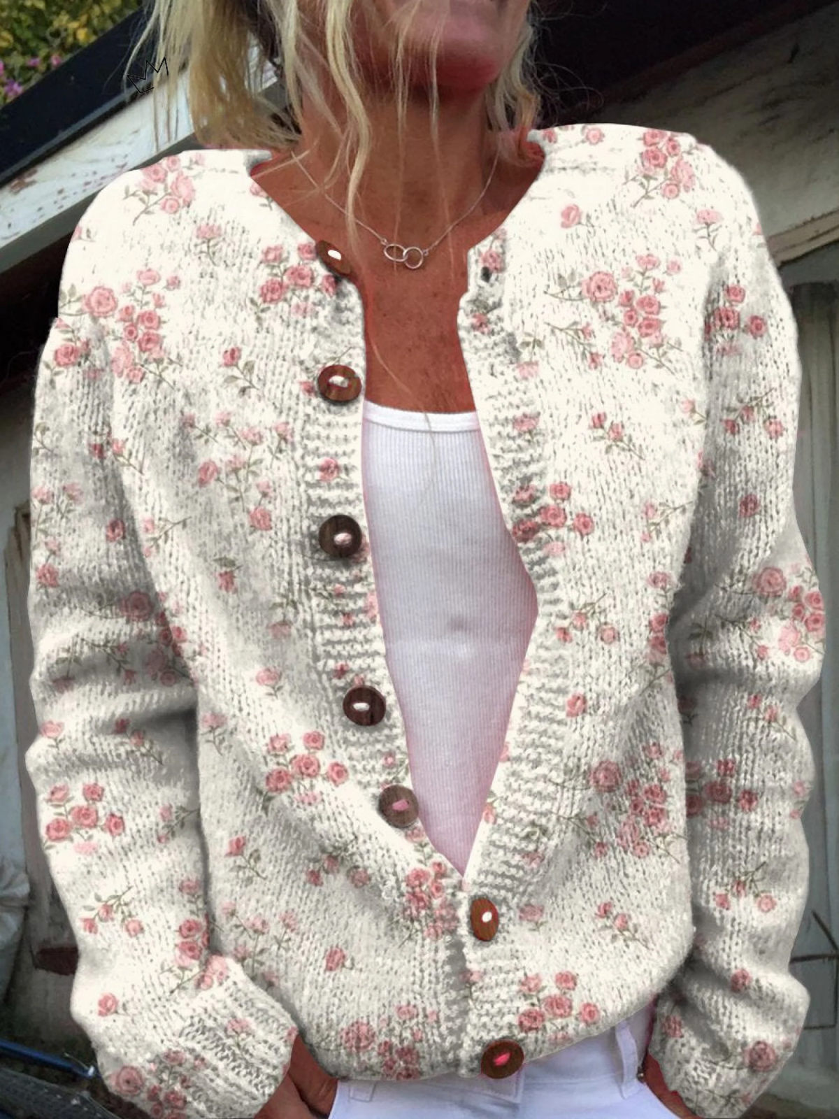 Roze rozenbloesjesprint | Vest met knoopsluiting