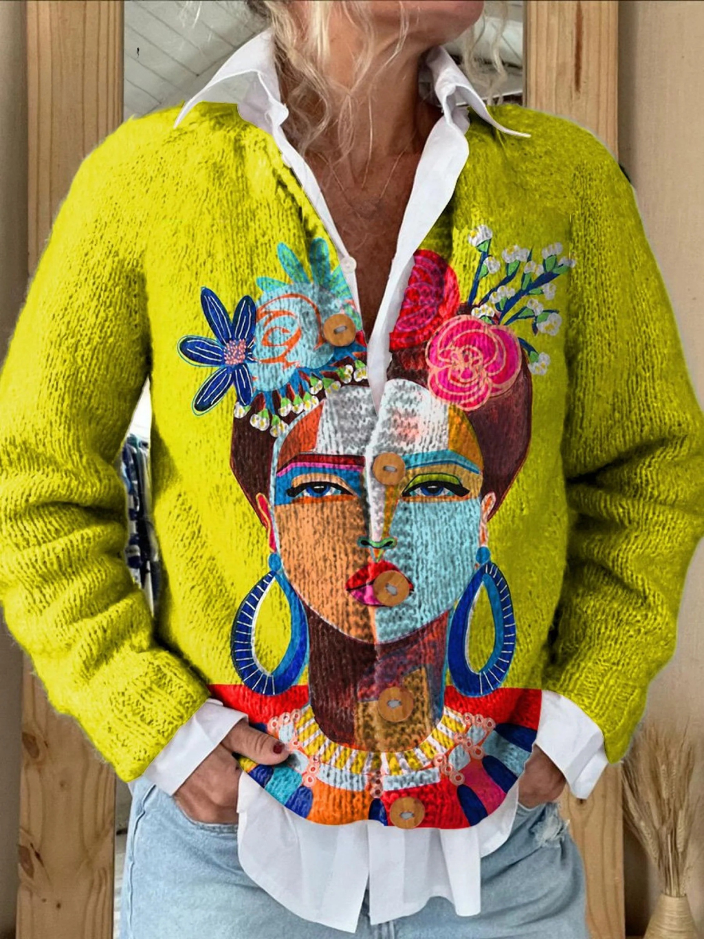 Olieverfschilderij Freda Portret Kunst Afgedrukt | Gebreid Vest
