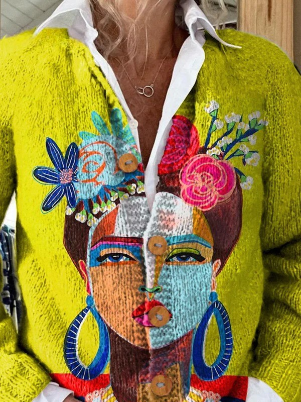 Olieverfschilderij Freda Portret Kunst Afgedrukt | Gebreid Vest