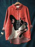 Samantha | Decoratief Patroon van Franse Bulldog met Zonnebril op Rode Achtergrond Casual Shirt