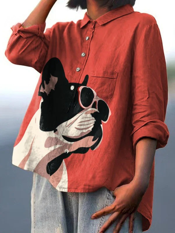 Samantha | Decoratief Patroon van Franse Bulldog met Zonnebril op Rode Achtergrond Casual Shirt