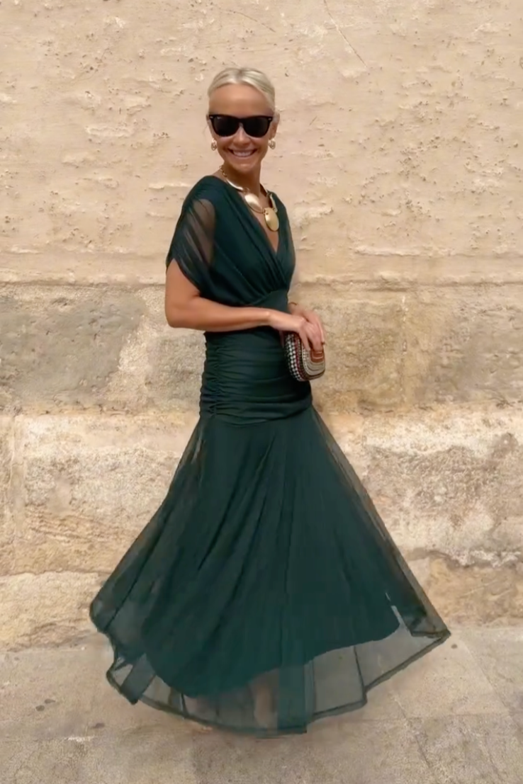 Elegante Maxi Feestjurk met V-hals en Fantasy Bloemenprint
