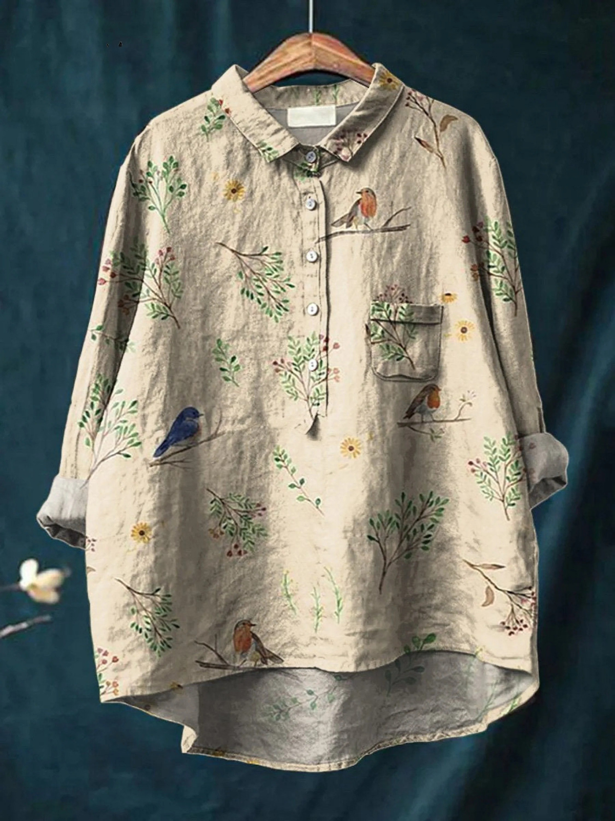 Lorelai | Dames Casual Shirt Met Takken En Roodborstjes Patroon