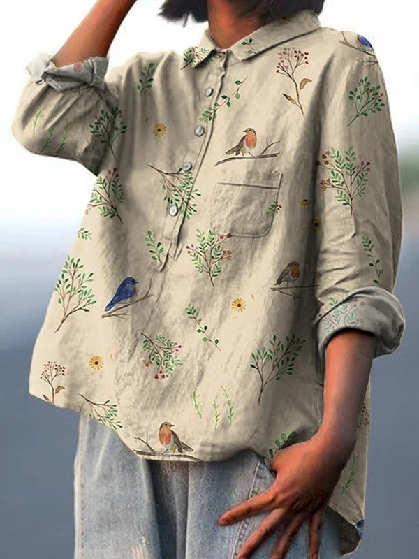 Lorelai | Dames Casual Shirt Met Takken En Roodborstjes Patroon