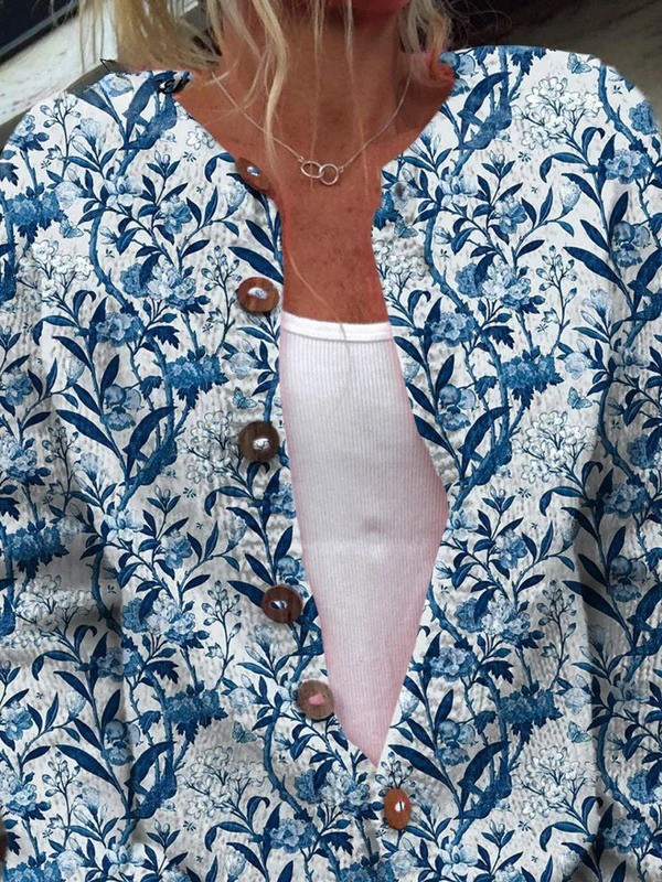 Elegante Blauw-Witte Gebloemde Print Gebreide Vest Trui met Knoopjes