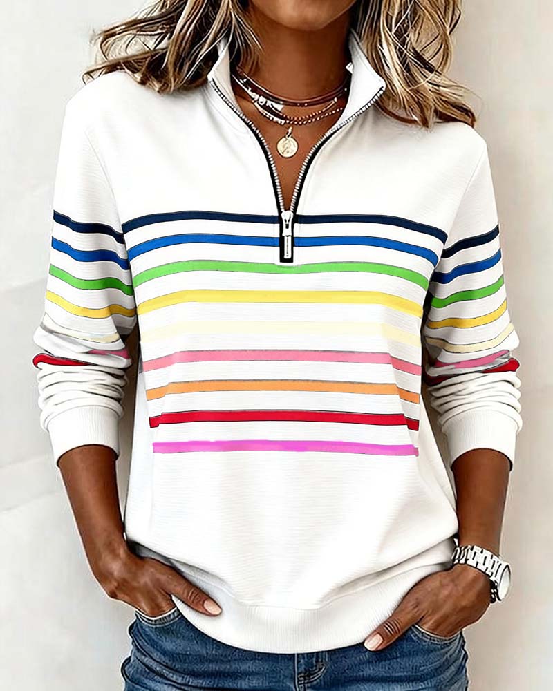 ARCADIA | Trendy sweatshirt met halflange rits en regenboogstrepen
