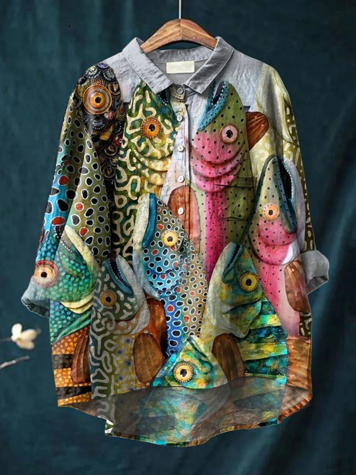 Anneliese | Vintage grappige vissenkunstprint casual shirt