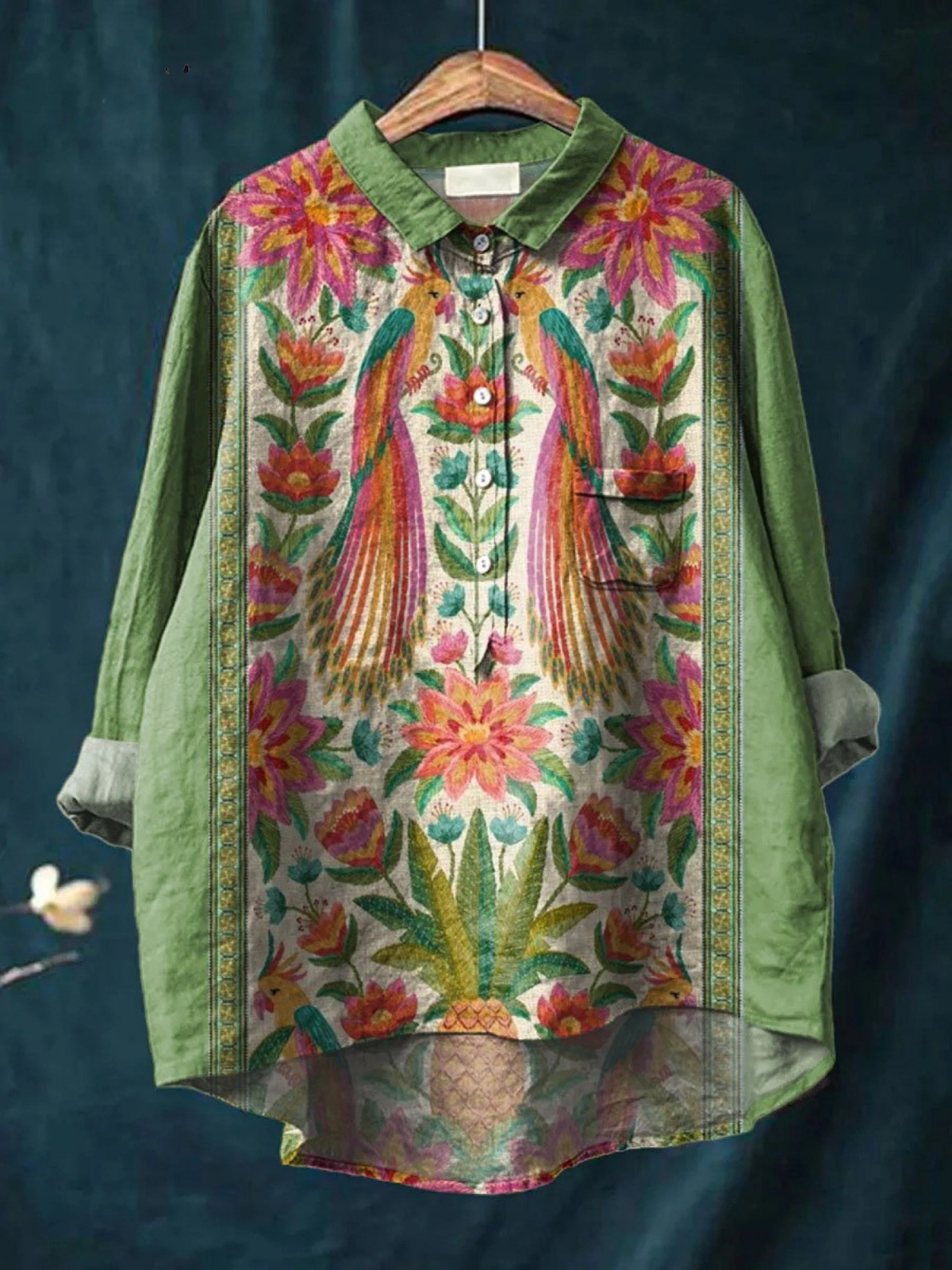 Emerson | Casual overhemd voor dames met vintage, mooie bloemen en vogels print