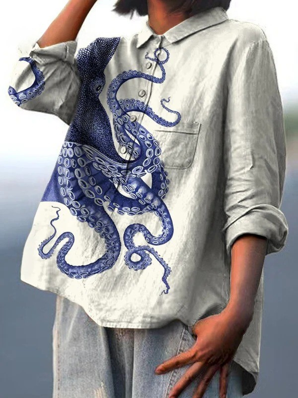 Elissa | Vrouwen Diepzee Octopus Tentakels Kunstprint Casual Shirt