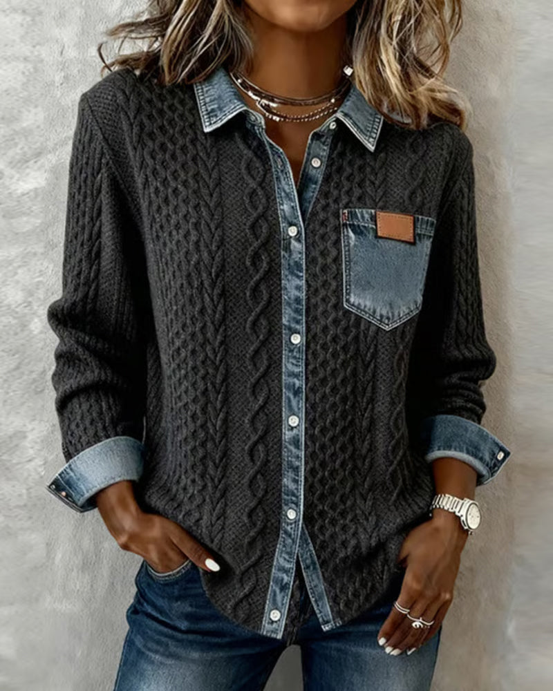 Marie | Shirt met lange mouwen en denim patchwork