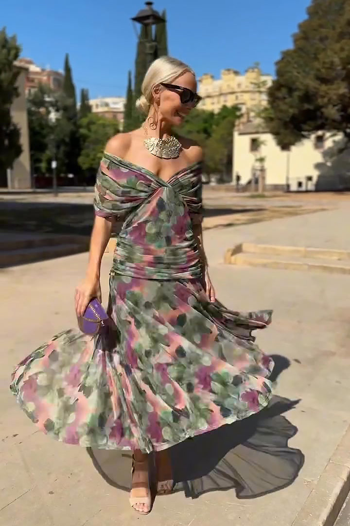 Elegante Maxi Feestjurk met V-hals en Fantasy Bloemenprint