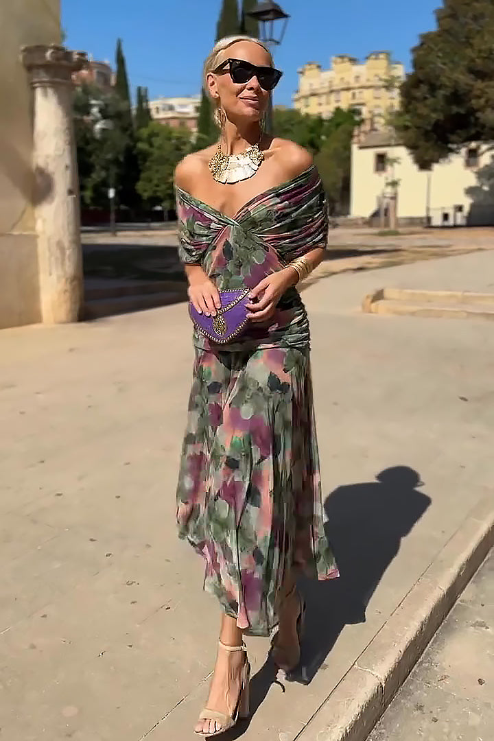 Elegante Maxi Feestjurk met V-hals en Fantasy Bloemenprint