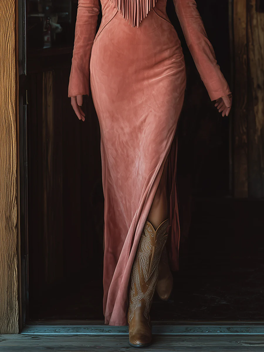 Vintage Westerse Kwastje Geborduurde Roze Imitatie Suede Jurk