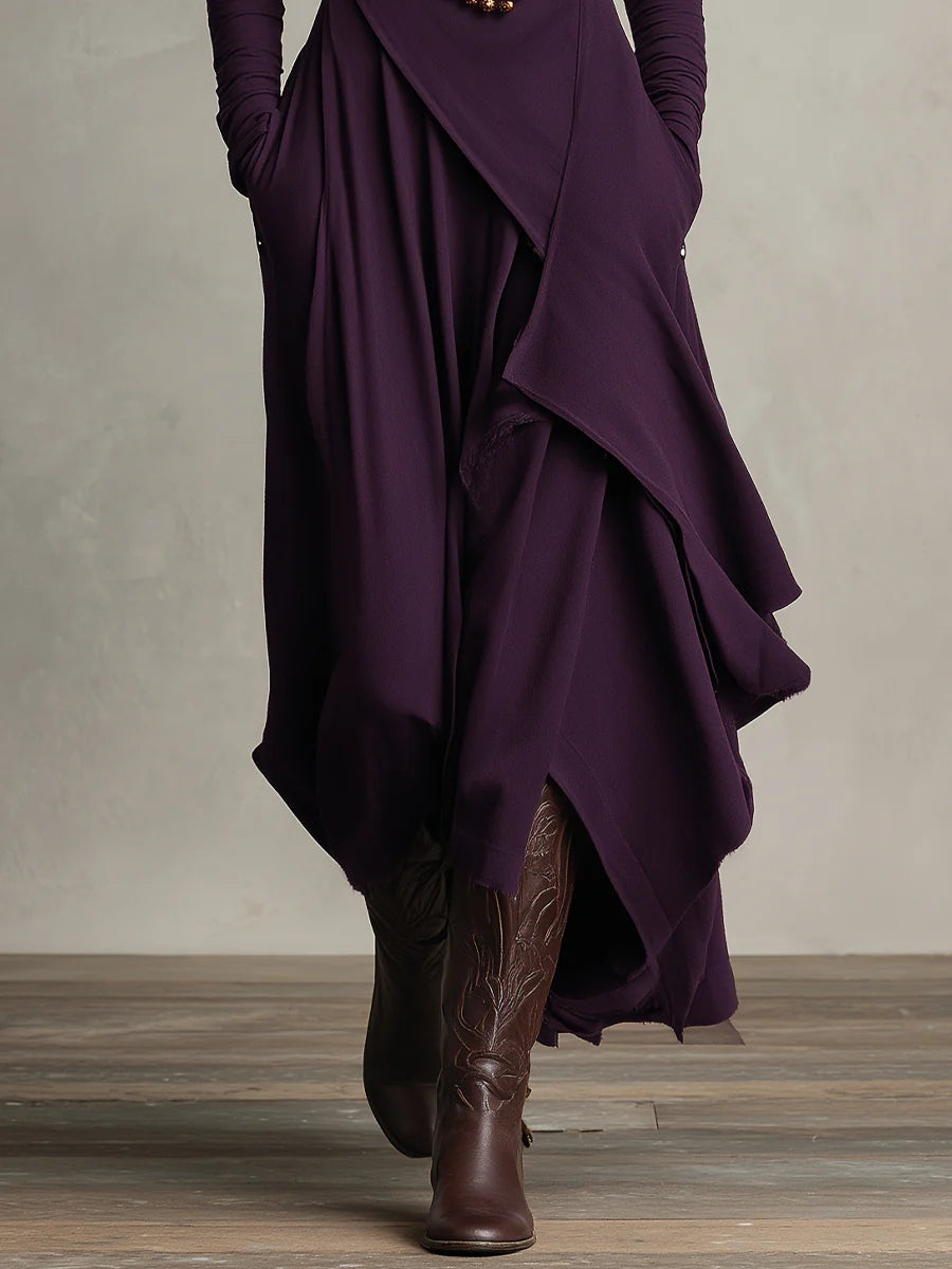 Giorgia - Asymmetrische geplooide maxi-jurk in paars met hoge hals (halsketting niet inbegrepen)