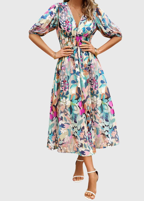 Merlin™ | Flatterende Midi-jurk met Bloemenprint