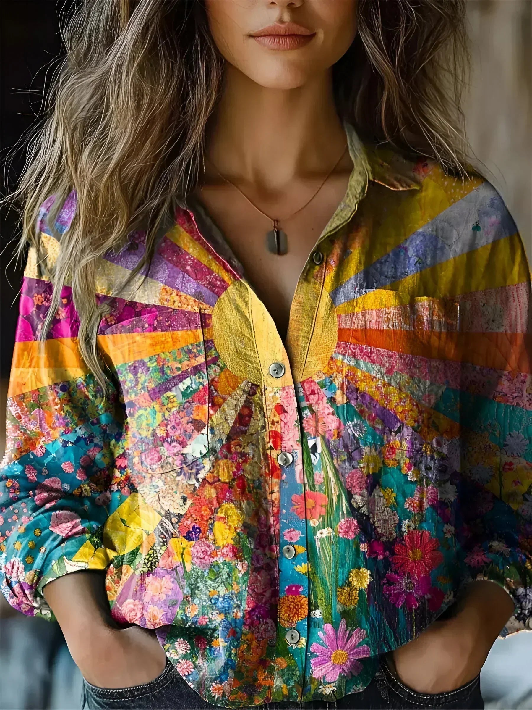 Amora | Bloes met bloemen patchwork 'Sunrise'